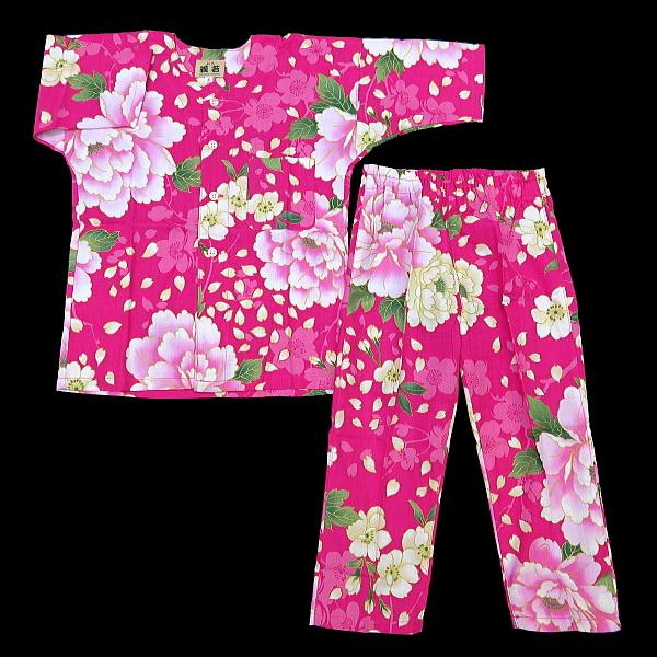 鯉口シャツ 金彩桜吹雪に大牡丹（ホットピンク）４号〜５号サイズ（１２０〜１３０）子供鯉口シャツ上下組 義若オリジナルの画像