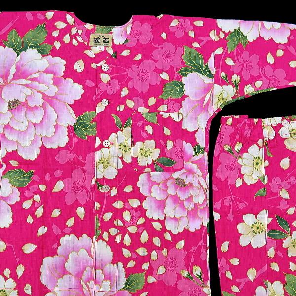 鯉口シャツ 金彩桜吹雪に大牡丹（ホットピンク）４号〜５号サイズ（１２０〜１３０）子供鯉口シャツ上下組 義若オリジナルの画像