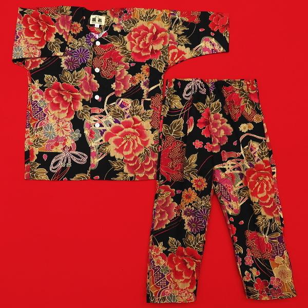 鯉口シャツ 金彩牡丹と桜（黒赤）7号サイズ（140）子供鯉口