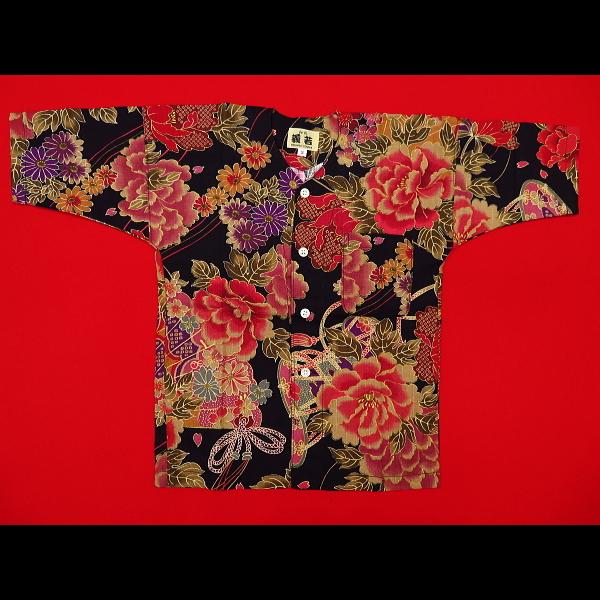 鯉口シャツ 金彩牡丹と桜（黒赤）4号〜5号サイズ（120〜130