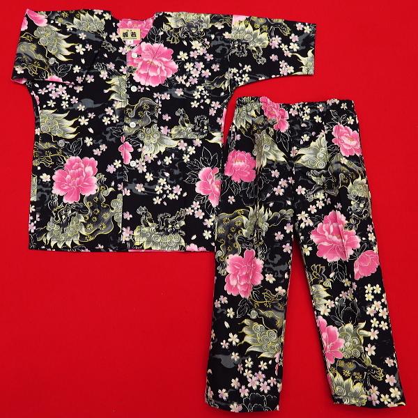 鯉口シャツ 金彩唐獅子牡丹と桜吹雪（黒ピンク）1号〜3号サイズ