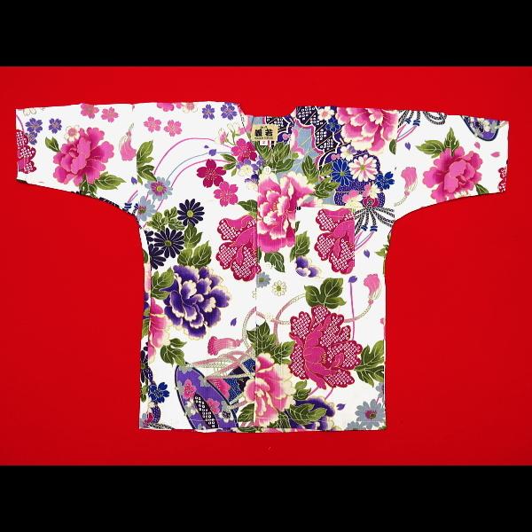 鯉口シャツ 金彩牡丹と桜（白ピンク紫）４号〜５号サイズ（１２０〜１３０）子供鯉口シャツ上下組 義若オリジナルの画像