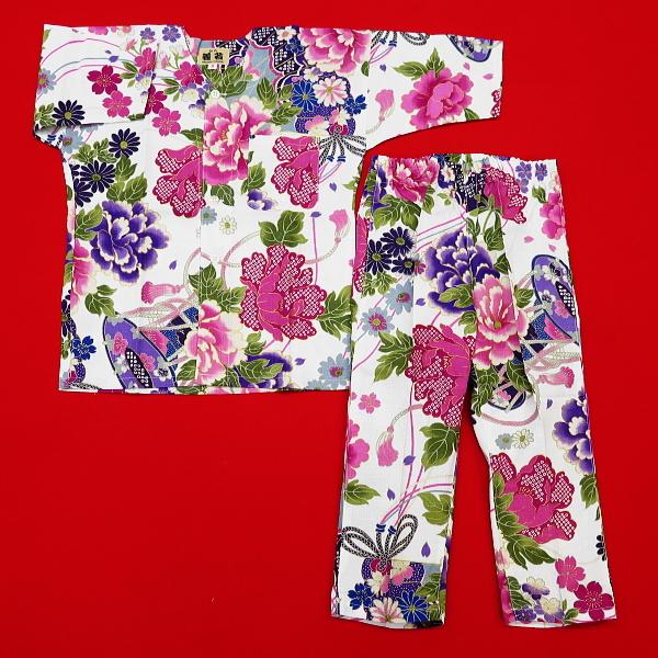 鯉口シャツ 金彩牡丹と桜（白ピンク紫）４号〜５号サイズ（１２０〜１３０）子供鯉口シャツ上下組 義若オリジナルの画像