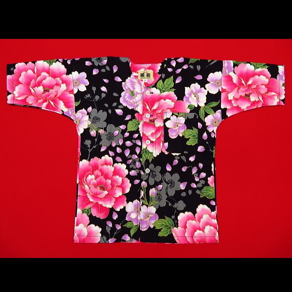 鯉口シャツ 金彩桜吹雪に大牡丹（黒ピンク）1号〜3号サイズ（90