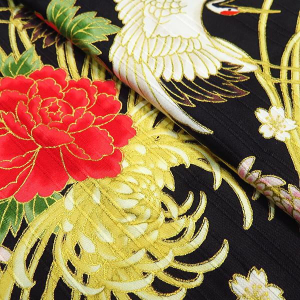 鯉口シャツ 金彩乱菊と鶴・牡丹（黒）４号〜５号サイズ（１２０〜１３０）子供鯉口シャツ上下組 義若オリジナルの画像