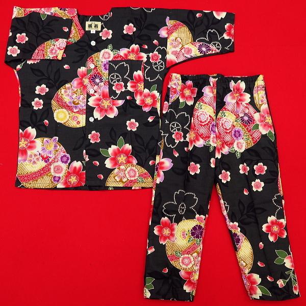 鯉口シャツ まりと桜（黒）４号〜５号サイズ（１２０〜１３０）子供鯉口シャツ上下組 義若オリジナルの画像