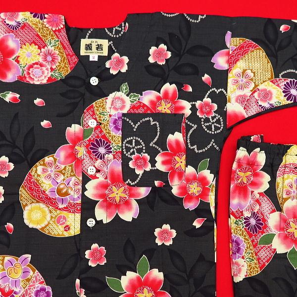 鯉口シャツ まりと桜（黒）４号〜５号サイズ（１２０〜１３０）子供鯉口シャツ上下組 義若オリジナルの画像