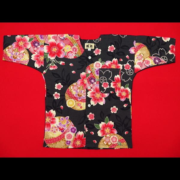 鯉口シャツ まりと桜（黒）1号〜3号サイズ（90〜110）子供鯉口