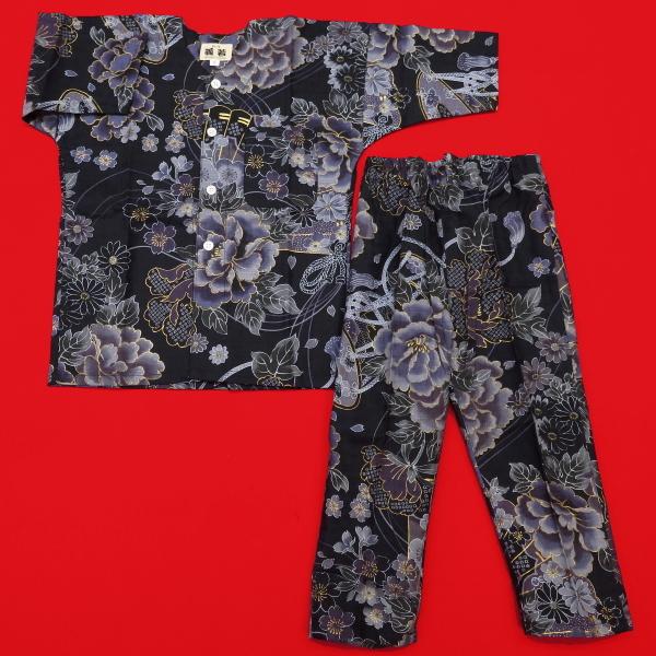 鯉口シャツ 金彩牡丹と桜（藍黒）４号〜５号サイズ（１２０〜１３０）子供鯉口シャツ上下組 義若オリジナルの画像