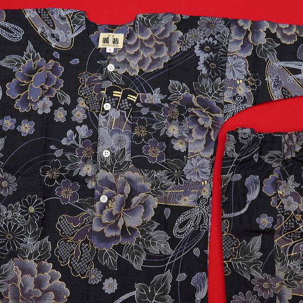 鯉口シャツ 金彩牡丹と桜（藍黒）４号〜５号サイズ（１２０〜１３０）子供鯉口シャツ上下組 義若オリジナルの画像
