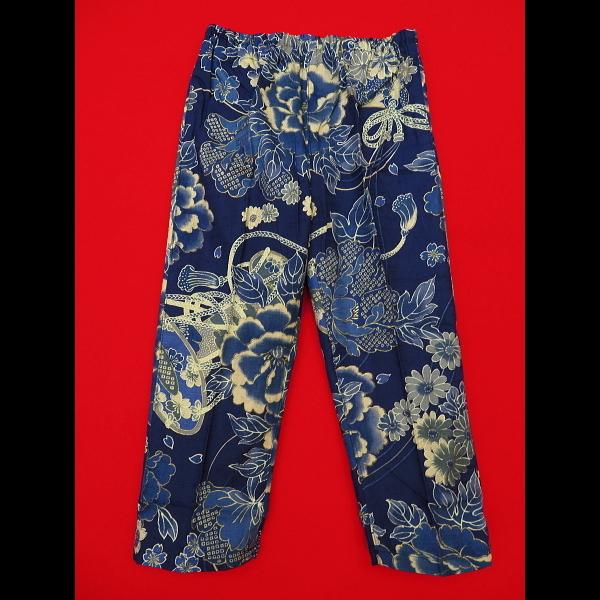 鯉口シャツ 金彩牡丹と桜　(藍紺）４号〜５号サイズ（１２０〜１３０）子供鯉口シャツ上下組 義若オリジナルの画像