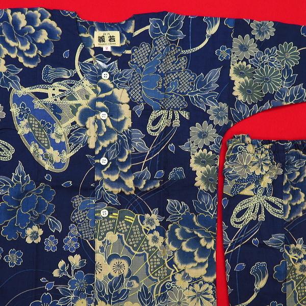鯉口シャツ 金彩牡丹と桜　(藍紺）４号〜５号サイズ（１２０〜１３０）子供鯉口シャツ上下組 義若オリジナルの画像