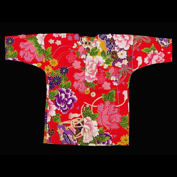 鯉口シャツ 金彩牡丹と桜(赤）４号〜５号サイズ（１２０〜１３０）子供鯉口シャツ上下組 義若オリジナルの画像