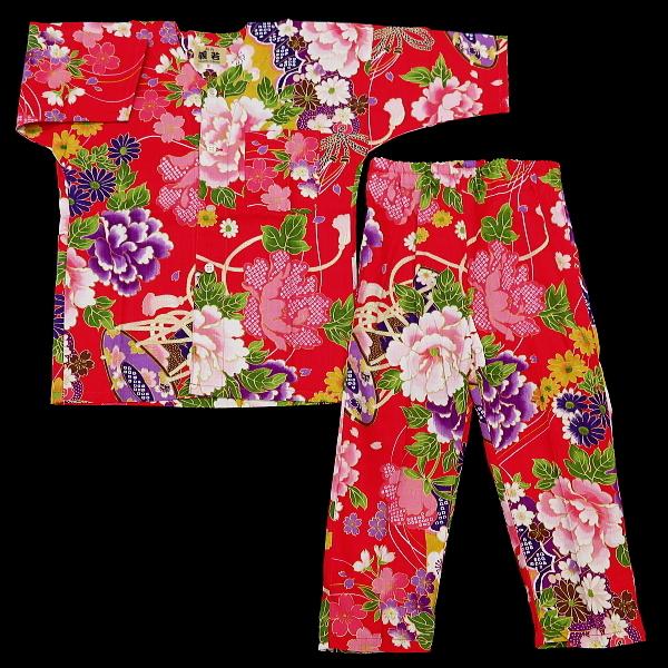 鯉口シャツ 金彩牡丹と桜(赤）４号〜５号サイズ（１２０〜１３０）子供鯉口シャツ上下組 義若オリジナルの画像