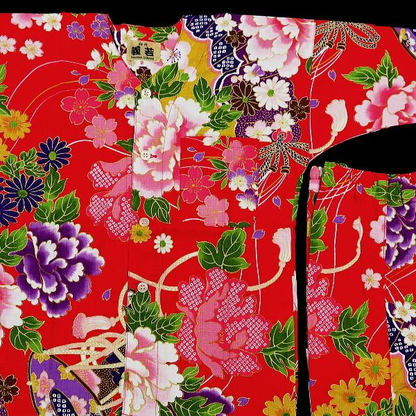 鯉口シャツ 金彩牡丹と桜(赤）４号〜５号サイズ（１２０〜１３０）子供鯉口シャツ上下組 義若オリジナルの画像