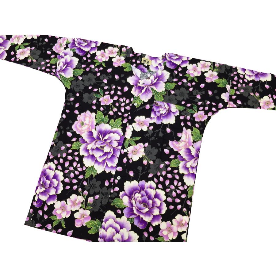 鯉口シャツ 金彩桜吹雪に大牡丹（黒紫）大人鯉口シャツ単品 男女兼用