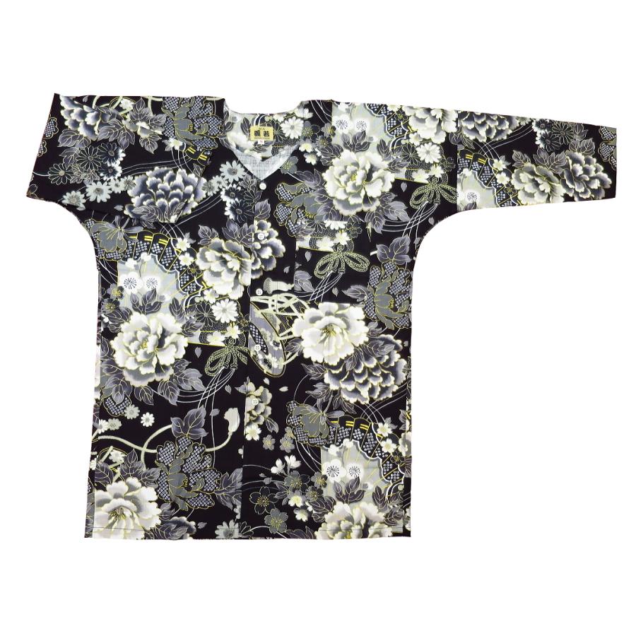 鯉口シャツ 金彩牡丹と桜（黒）巾広サイズ（3L） 大人鯉口シャツ単品