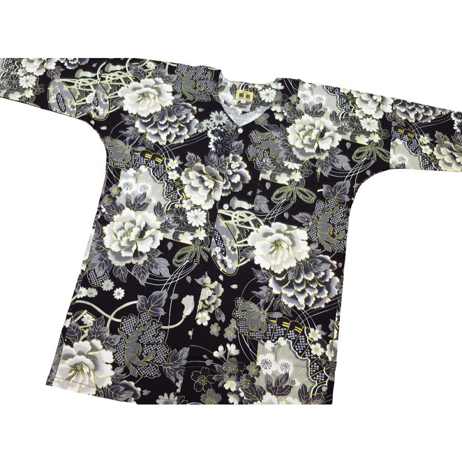 鯉口シャツ 金彩牡丹と桜（黒）超巾広サイズ（4L） 大人鯉口シャツ