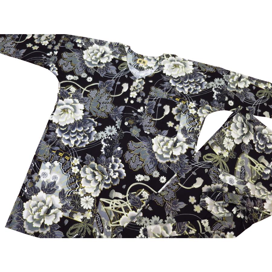 鯉口シャツ 金彩牡丹と桜（黒）大人鯉口シャツ単品 男女兼用 義若