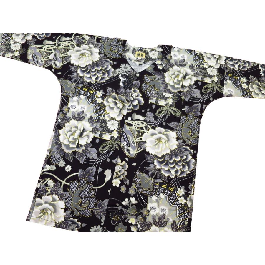 鯉口シャツ 金彩牡丹と桜（黒）大人鯉口シャツ単品 男女兼用 義若