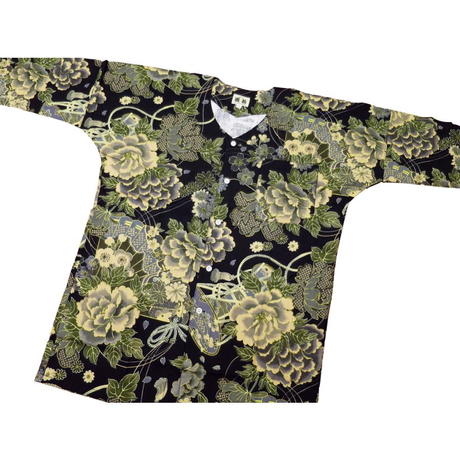 鯉口シャツ 金彩牡丹と桜（黒カーキ）大人鯉口シャツ単品 男女兼用 義