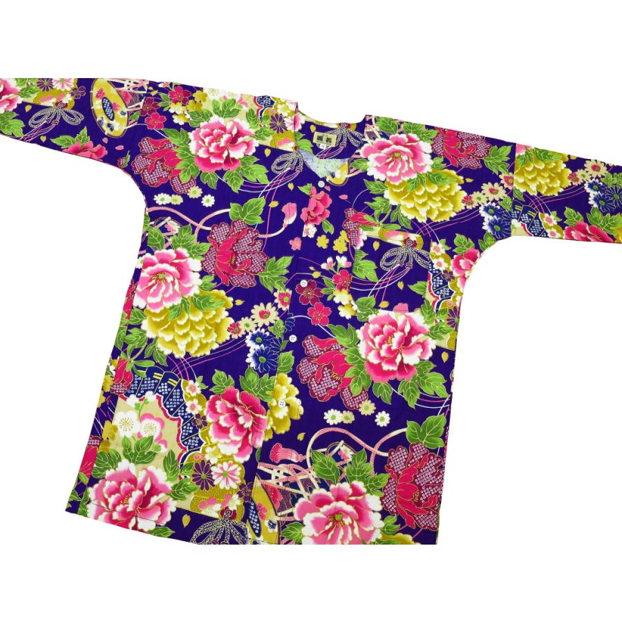 鯉口シャツ 金彩牡丹と桜(紫）巾広サイズ（3L） 大人鯉口シャツ単品