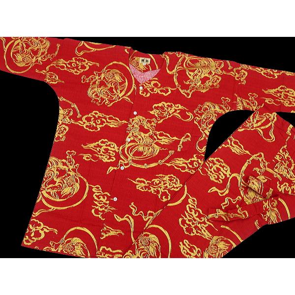 鯉口シャツ 金彩・風神雷神（赤金）大人鯉口シャツ単品 男女兼用 義若