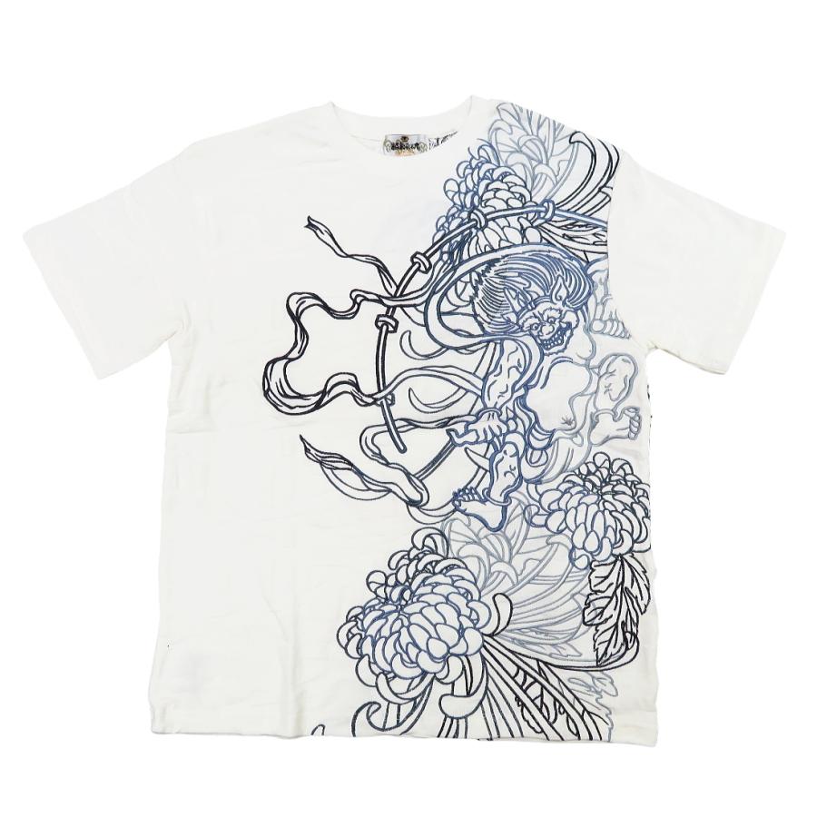 Tシャツ 和柄 風神雷神総刺繍（白）絡繰魂の和柄半袖Tシャツ