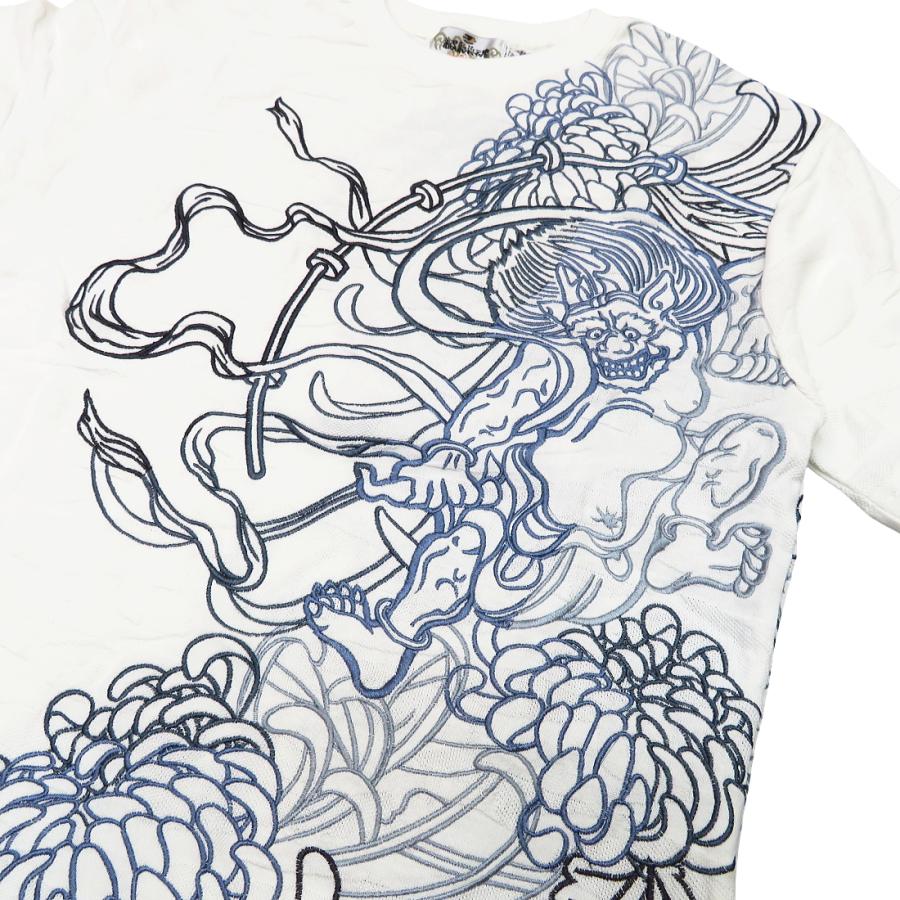 Tシャツ 和柄 風神雷神総刺繍（白）絡繰魂の和柄半袖Tシャツ