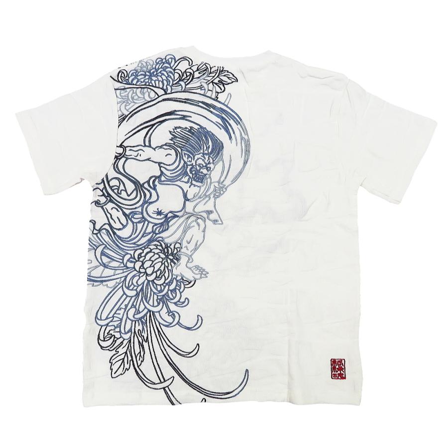 Tシャツ 和柄 風神雷神総刺繍（白）絡繰魂の和柄半袖Tシャツ : 祭屋 そ