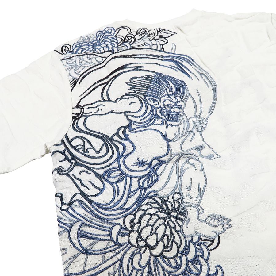 Tシャツ 和柄 風神雷神総刺繍（白）絡繰魂の和柄半袖Tシャツ : 祭屋 そ