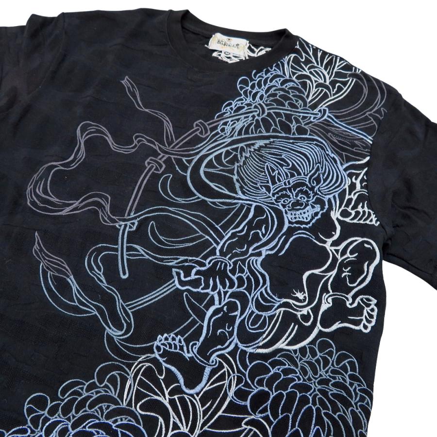Tシャツ 和柄 風神雷神総刺繍（黒）絡繰魂の和柄半袖Tシャツ : 祭屋 そ