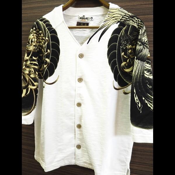 Tシャツ 和柄 鳳凰と乱菊（白） 絡繰魂×義若コラボ ラグラン七分袖 