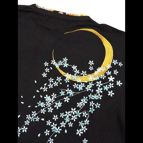 Tシャツ 和柄 月桜刺繍（黒）和柄ヘンリーネック半袖Tシャツ 絡繰魂