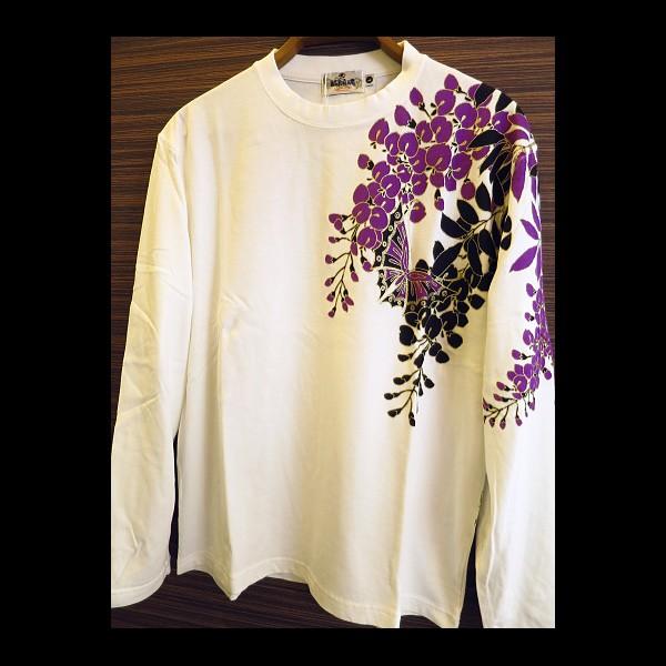 Tシャツ 和柄 金彩藤に蝶刺繍（白）和柄長袖Tシャツ : 祭屋 そなみ