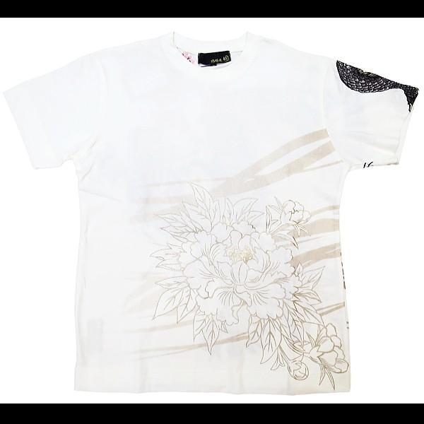 Tシャツ 和柄 龍神桜に牡丹刺繍（白）和柄半袖Tシャツ 絡繰魂 : 祭屋