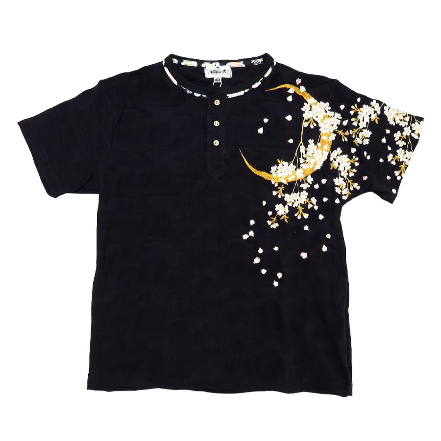 Tシャツ 和柄 三日月と枝垂れ桜（黒）絡繰魂の和柄ヘンリーネックT 