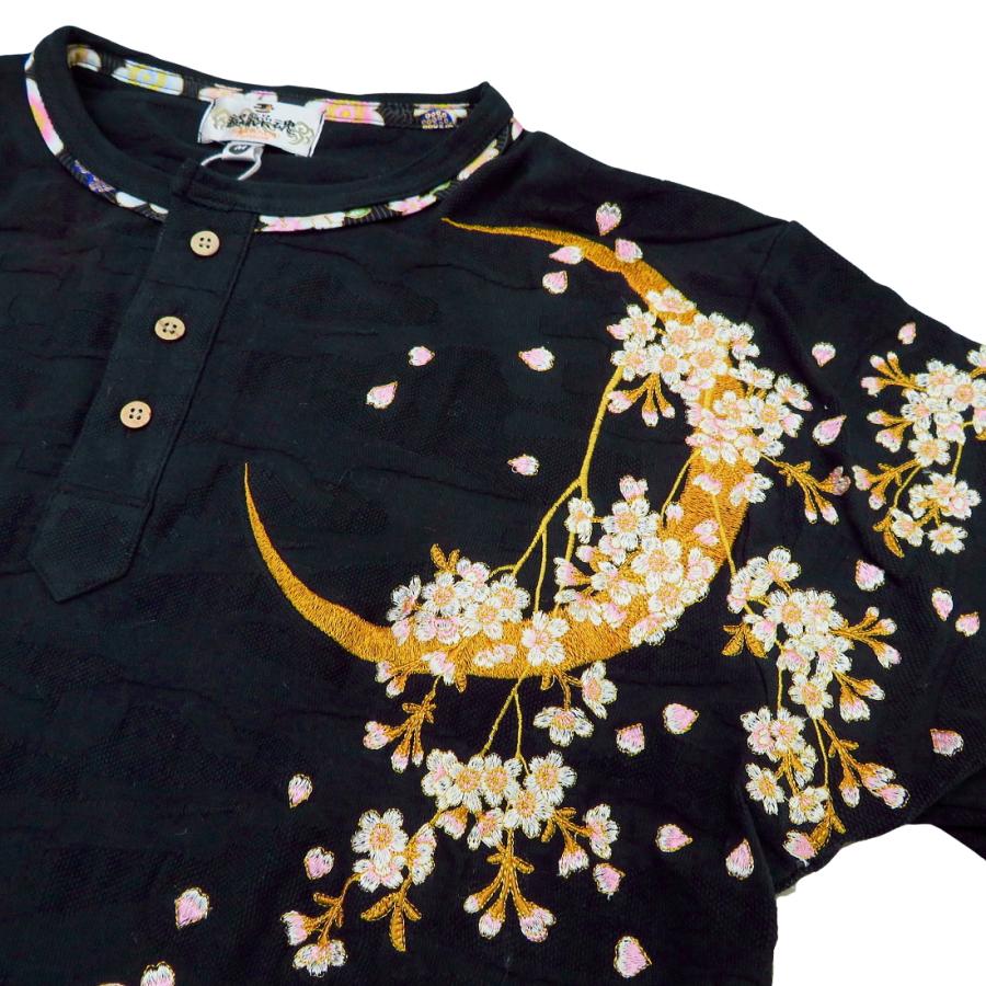Tシャツ 和柄 三日月と枝垂れ桜（黒）絡繰魂の和柄ヘンリー