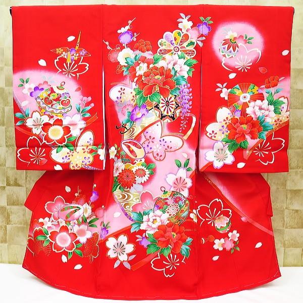 花車と蝶・桜・赤ピンクぼかし 女児 初着 祝着 のしめ 産着 女の子のお宮参り着物｜matsuriya-sonami