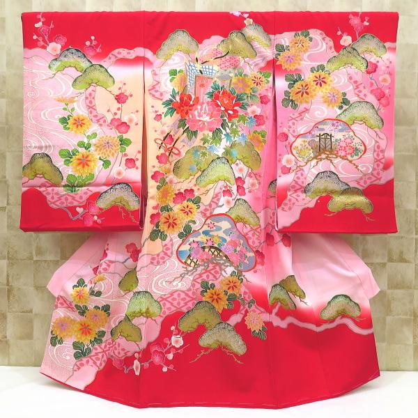 流水に御所車と吉祥松・赤ピンク 女児 初着 祝着 のしめ 産着 女の子のお宮参り着物・高級フードセットプレゼント付