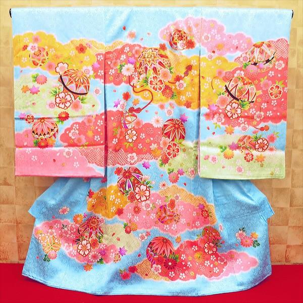 雲どりに毬と小花・金駒刺繍・水色 女児 初着 祝着 のしめ 産着 女の子のお宮参り着物・高級フードセットプレゼント付｜matsuriya-sonami