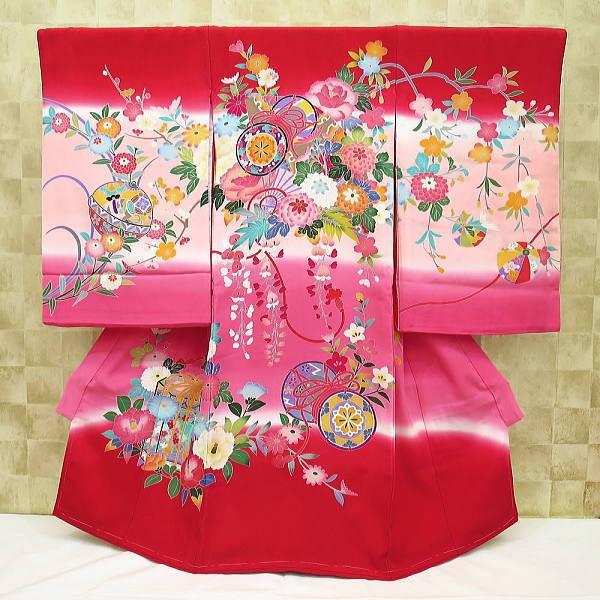 花と鼓・毬・赤ピンクぼかし 女児 初着 祝着 のしめ 産着 女の子のお宮参り着物・高級フードセットプレゼント付