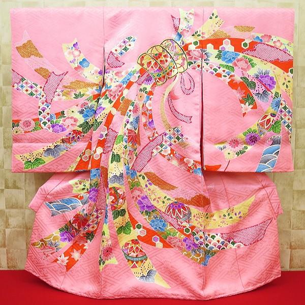 金彩大熨斗に毬・ピンク 女児 初着 祝着 のしめ 産着 女の子のお宮参り着物・高級フードセットプレゼント付