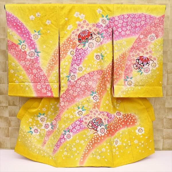 まりと桜尽くし・黄色 女児 初着 祝着 のしめ 産着 女の子のお宮参り着物・高級フードセットプレゼント付
