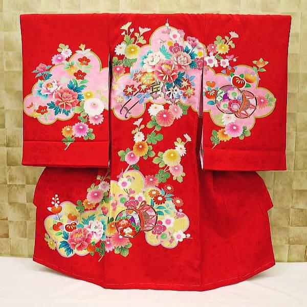 雲どりに花車・鼓・赤 女児 初着 祝着 のしめ 産着 女の子のお宮参り着物・高級フードセットプレゼント付