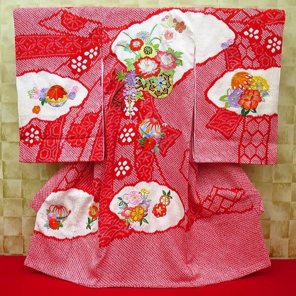 総絞り束ね熨斗に花車刺繍・毬 女児 初着 祝着 のしめ 産着 女の子のお