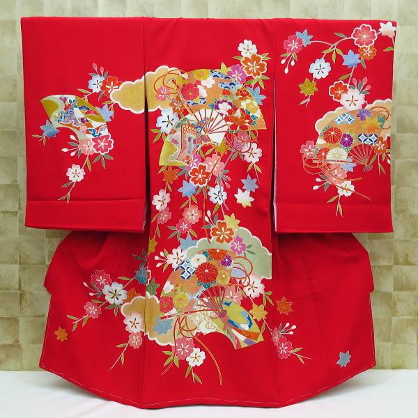 御所車と扇・手描き友禅・赤 女児 初着 のしめ 産着 女の子のお宮参り着物・高級フードセットプレゼント付