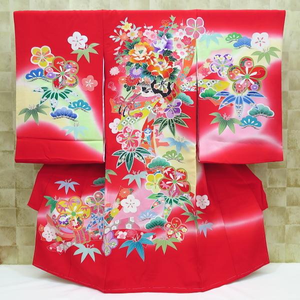花車・松竹梅・手描き友禅・赤 女児 初着 のしめ 産着 女の子のお宮参り着物・高級フードセットプレゼント付