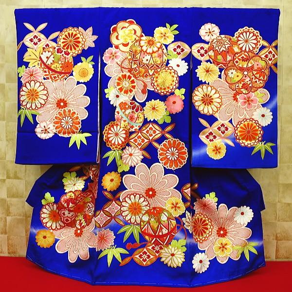 毬に花紋・金駒刺繍・ブルー 女児 初着 祝着 のしめ 産着 女の子のお宮参り着物・高級フードセットプレゼント付