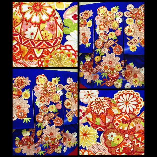 毬に花紋・金駒刺繍・ブルー 女児 初着 祝着 のしめ 産着 女の子のお宮参り着物・高級フードセットプレゼント付_1